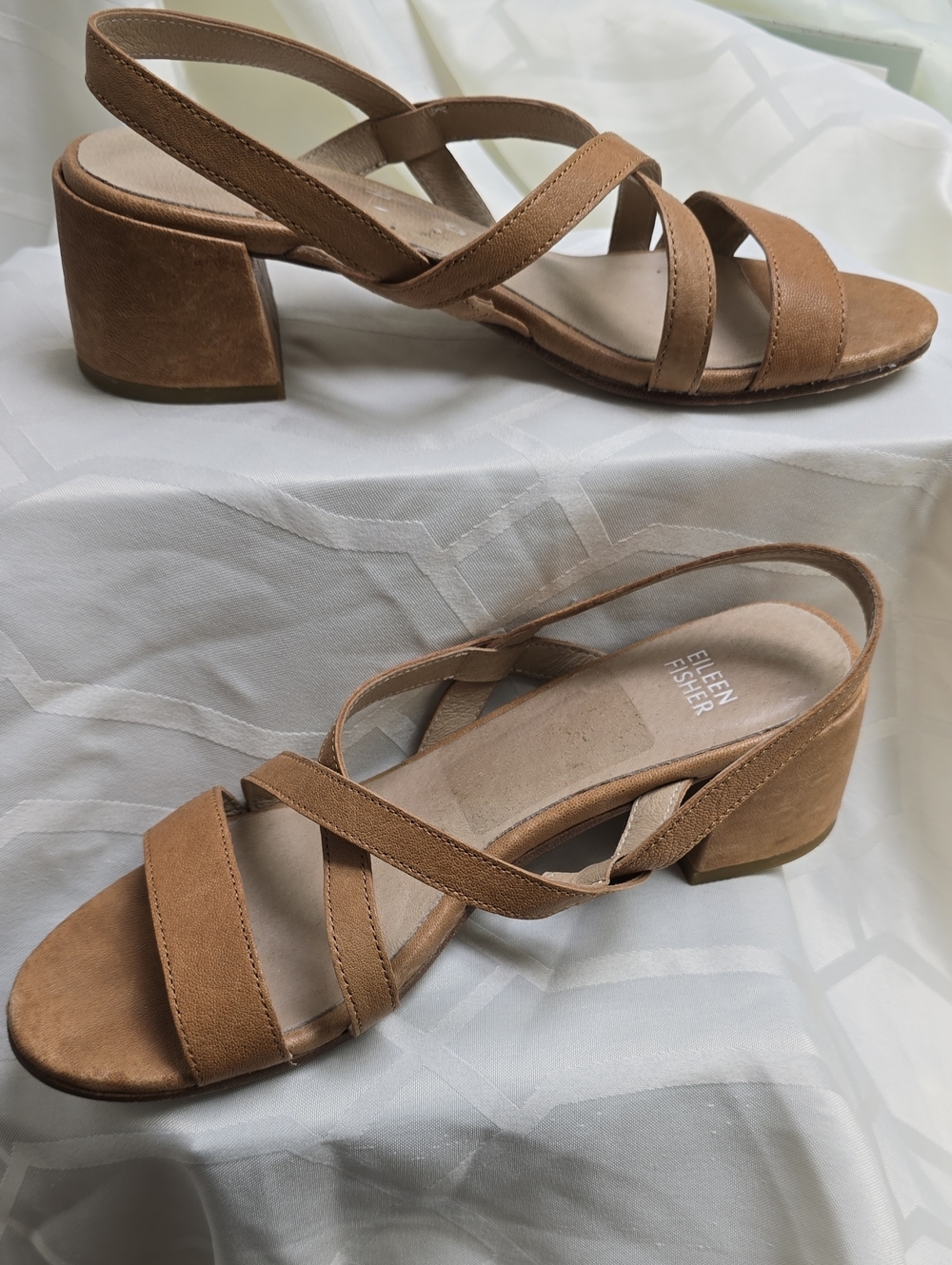 Eileen Fisher Size 8, Tan Leather Crisscross, Low Block Heel Sandals